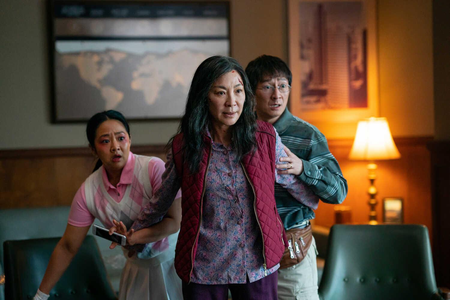 Stephanie Hsu, Michelle Yeoh and Ke Huy Quan in a scene from “Everything Everywhere All at Once.”