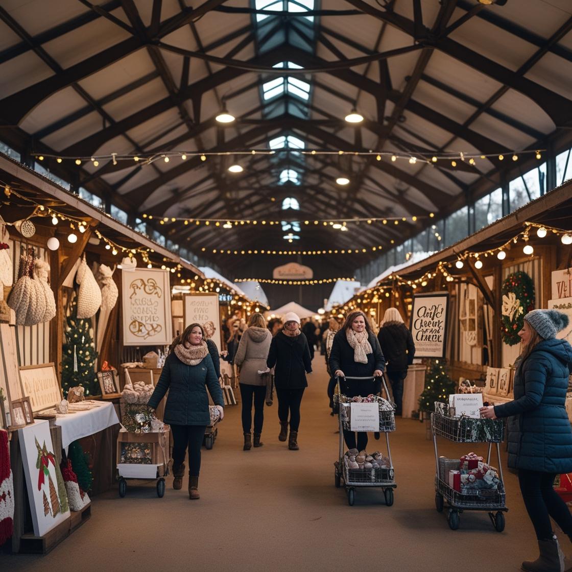 "An indoor holiday bazaar in a fairground-style pavilion, filled with booths offering custom decor, knitted scarves, painted signs, and festive gifts. The structure has a barn-like charm with string lights, metal beams, and wooden accents. People of various ages explore the stalls, pushing carts, sipping warm drinks, and chatting with friendly vendors. The overall feel is cozy and community-focused, capturing the spirit of local holiday shopping."
