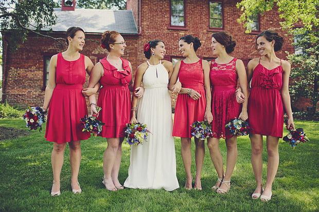 bright red chiffon and lace mismatched bridesmaid dresses