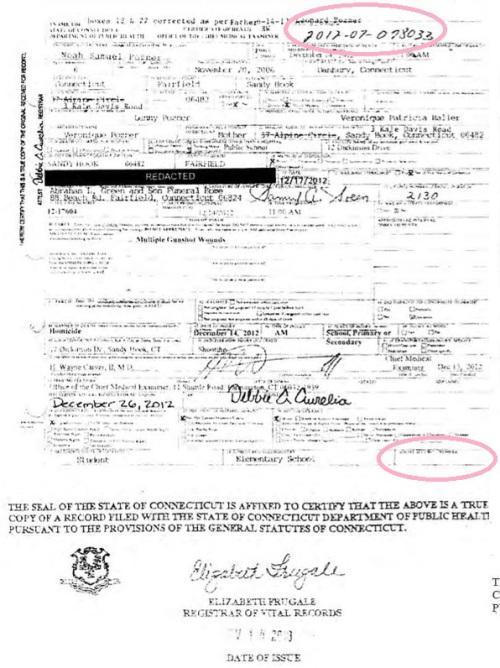 Noah death certificate from Lenny Pozner