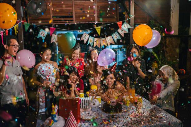 Group of Friends Celebrating Birthday Together Party Celebration Birthday Parties stock pictures, royalty-free photos & images