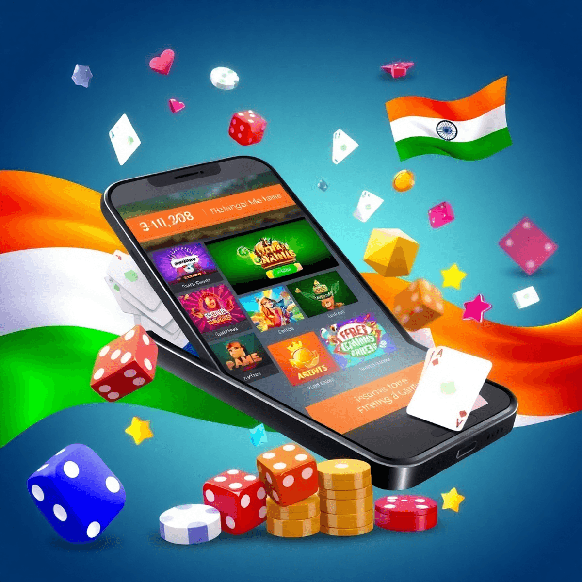 A digital illustration of a smartphone displaying online games, surrounded by gaming symbols like dice and cards, with the Tiranga flag in the vibrant background.