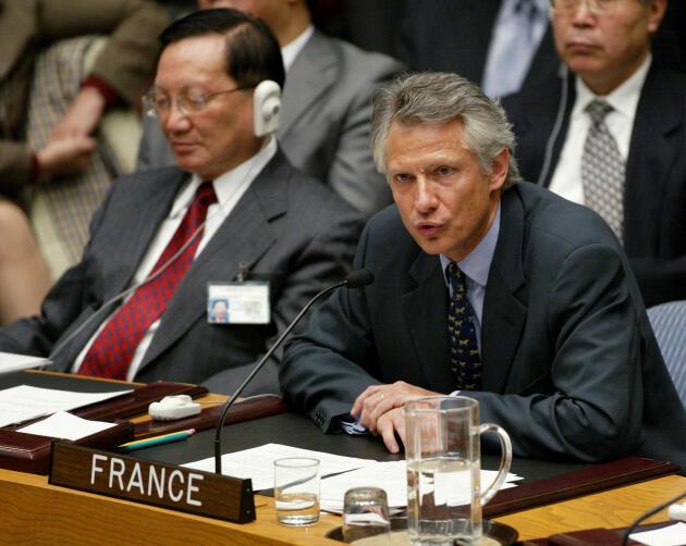 Dominique de Villepin, alors ministre des affaires étrangères, pendant son célèbre discours aux Nations unies contre l’intervention en Irak, le 14 février 2003.