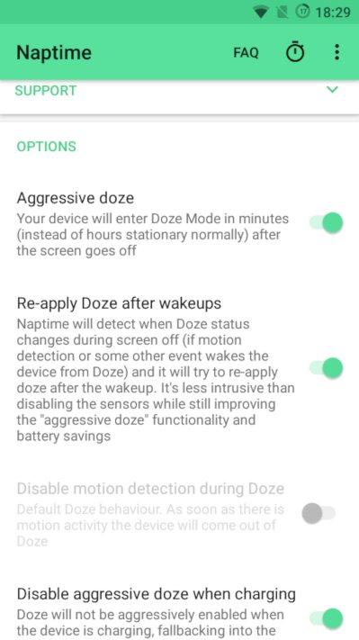 Главный экран в Naptime и настройки Doze в Greenify