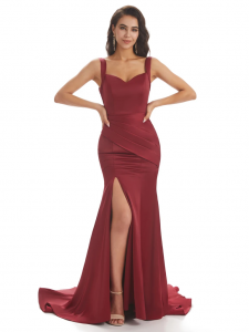 Burgundy Sexy Soft Satin Side Slit Straps Square Floor-Length Mermaid Bridesmaid Dresses Online