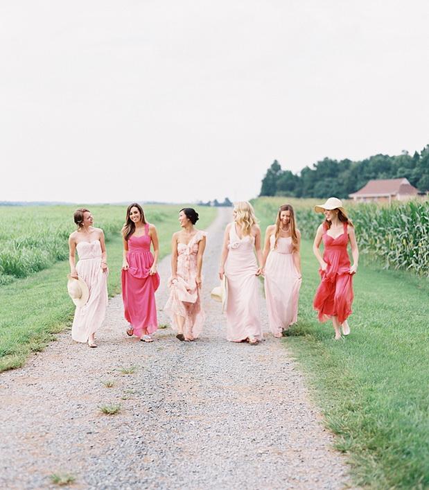 pink ombre long mismatched bridesmaid gowns inspiration 2015
