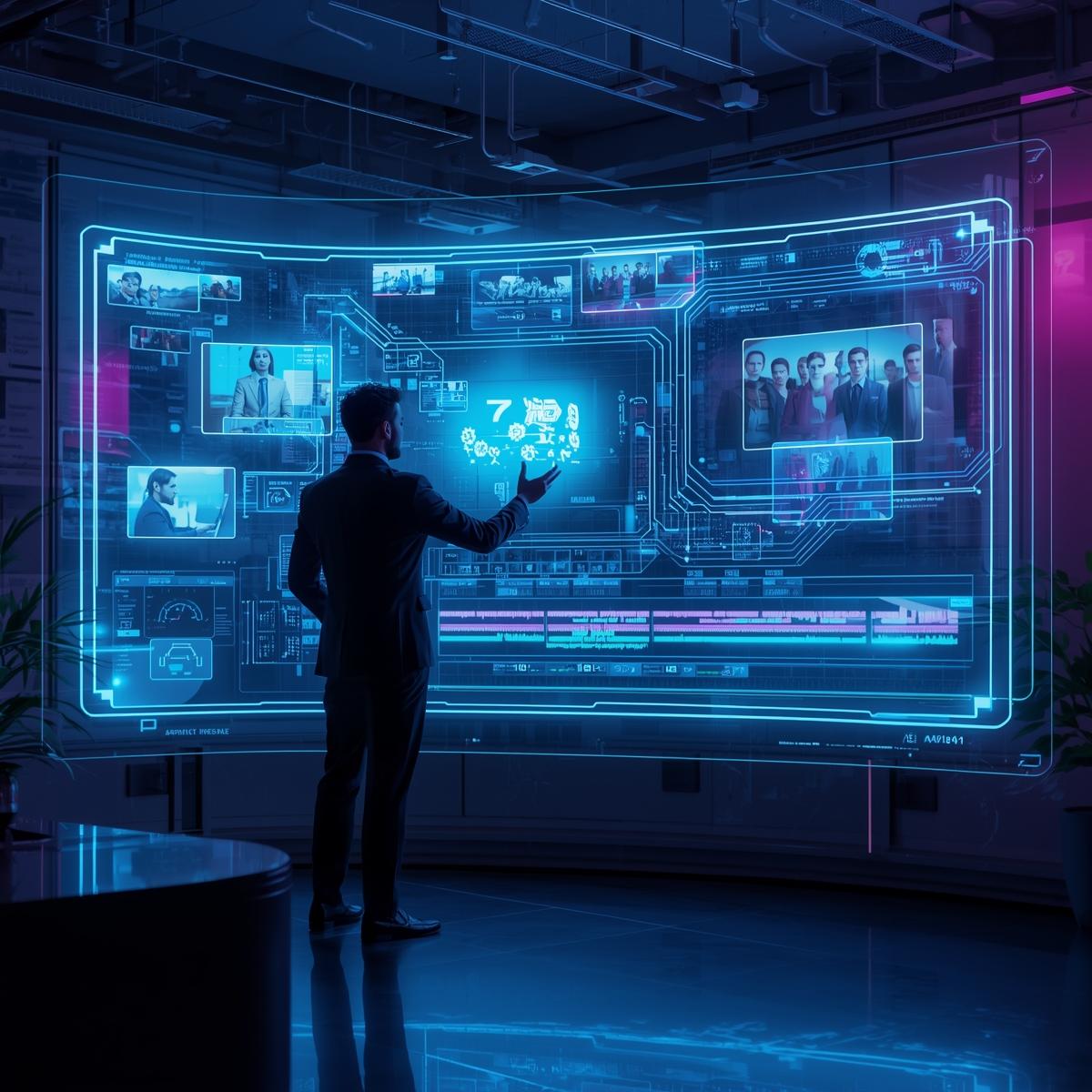 A futuristic digital workspace featuring an AI-powered video editing interface on a large holographic screen. A business professional interacts with floating video clips, timelines, and AI-generated avatars. Soft neon blue and purple lighting, sleek modern office, high-tech, cinematic style, ultra-detailed, 4K.