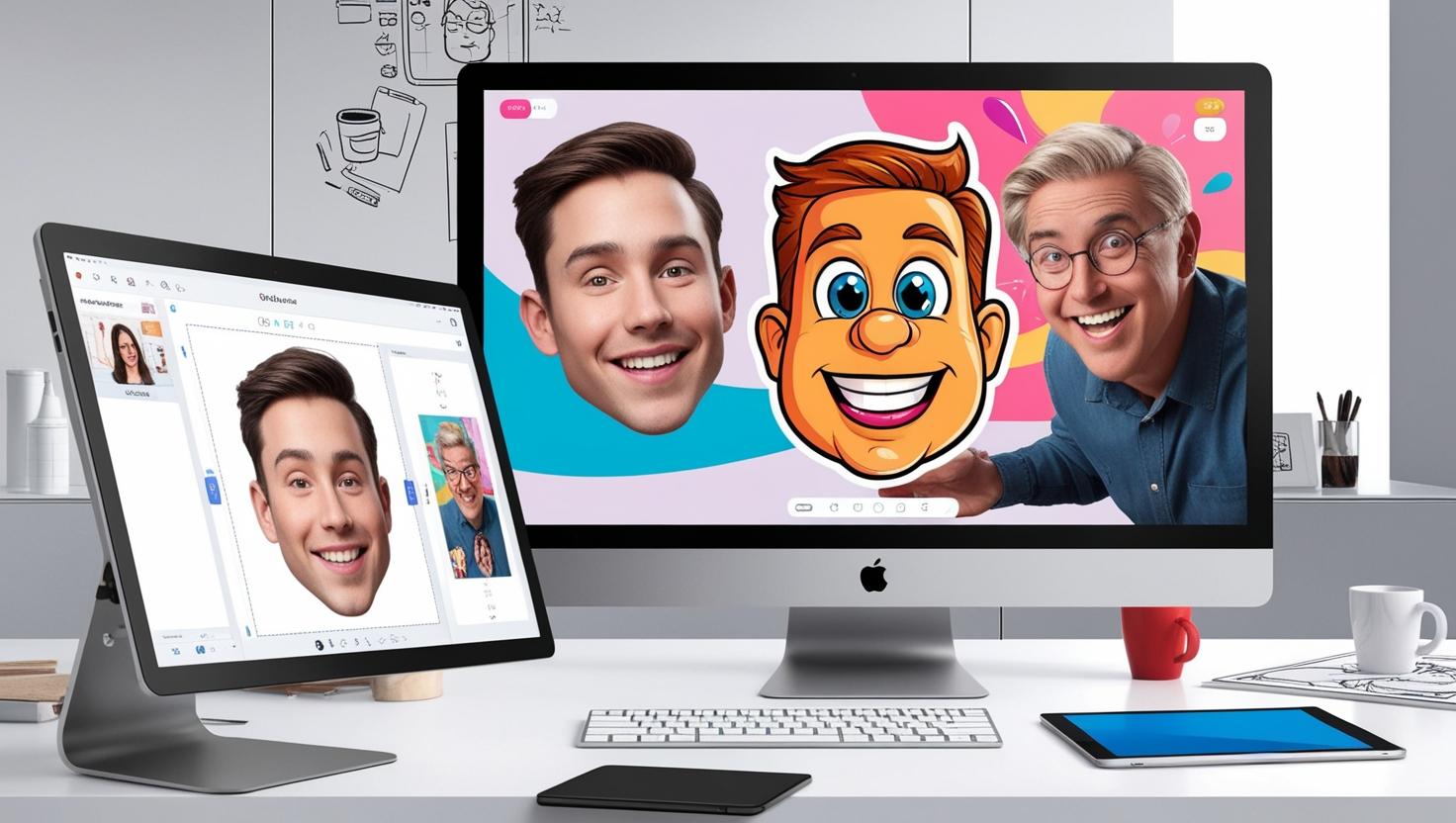 "Create an image of a modern digital art tool interface where a user uploads a regular photo, and the tool instantly transforms it into a fun, vibrant cartoon version. The scene includes a computer screen with a side-by-side comparison: one side shows the original photo, and the other displays the cartoonized version. The cartoon version has exaggerated facial features, bright colors, and playful details. The background includes a sleek, minimalist workspace with creative elements, such as a tablet, coffee cup, and sketches. The atmosphere feels modern and tech-savvy, with a lighthearted, fun vibe."