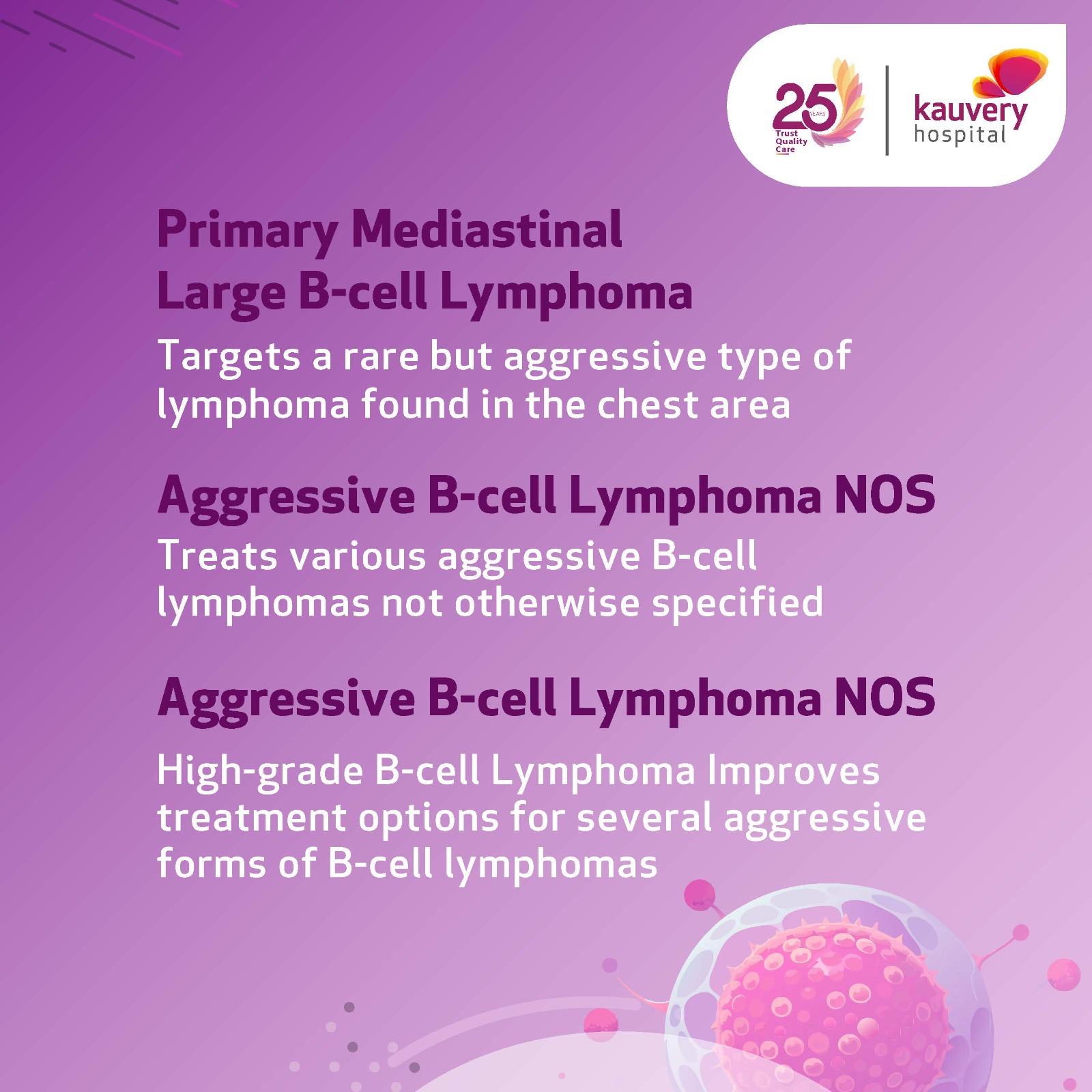 May be an image of text that says "25 Ies Sdes kauvery hospital Primary Mediastinal Large B-cell Lymphoma Targets a rare but aggressive type of lymphoma found in the chest area Aggressive B-cell Lymphoma NOS Treats various aggressive B-cell lymphomas not otherwise specified Aggressive B-cell Lymphoma NOS High-grade B-cell Lymphoma Improves treatment options for several aggressive forms of B-cell lymphomas"