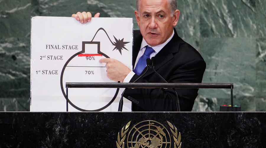 Israel's Prime Minister Benjamin Netanyahu points to a red line he has drawn on a graphic of a bomb used to represent Iran's nuclear program as he addresses the 67th United Nations General Assembly at the U.N. Headquarters in New York, September 27, 2012. © Lucas Jackson