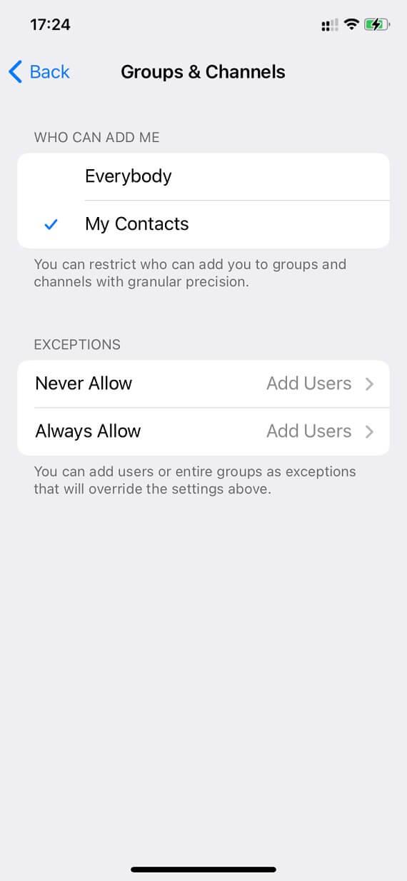 Set who can add you to Telegram groups without your permission: Screenshot 2