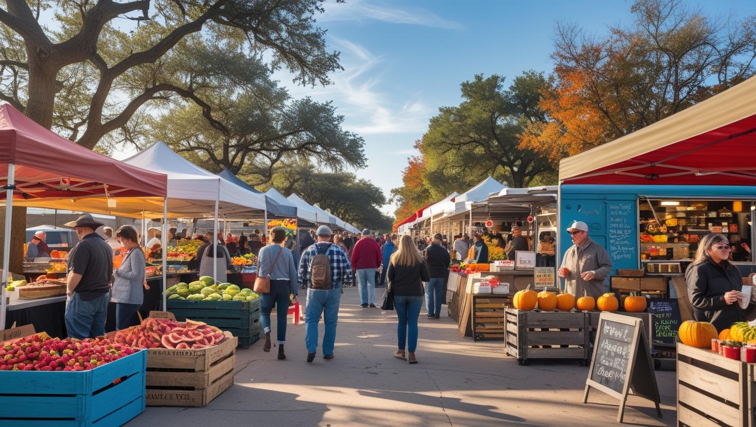 A vibrant, bustling outdoor market scene at Canton TX Trade Days during different seasons, showcasing colorful vendor stalls filled with fresh seasonal produce like strawberries and peaches in spring, juicy watermelons and BBQ stands in summer, pumpkins and warm baked goods in autumn, and festive holiday treats like cookies and hot cider in winter. Shoppers of all ages browsing, tasting samples, and enjoying the lively atmosphere under clear skies with Texas charm. Include details like rustic wooden crates, handwritten signs, and a mix of food trucks and traditional booths to capture the authentic market vibe.