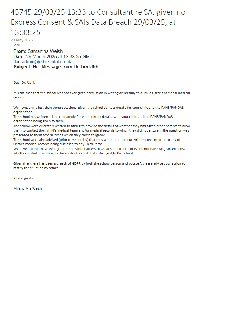 45745 29/03/25 13:33 to Consultant re SAJ given no Express Consent & SAJs Data Breach