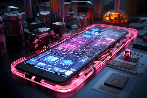 neon style mobile phone parts on the table