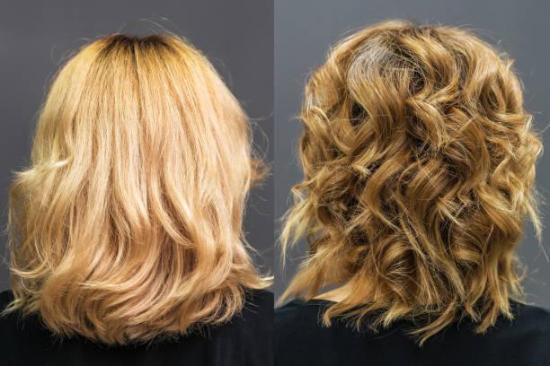 Hair before and after curling. Hair before and after treatment curling back view. hair afer bedore stock pictures, royalty-free photos & images