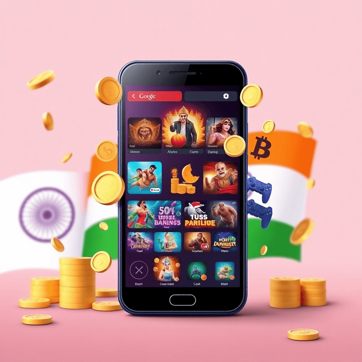 A digital illustration of a smartphone with colorful online game graphics, coins, and controllers, set against a subtle Tiranga flag background, conveying excitement and entertainment.