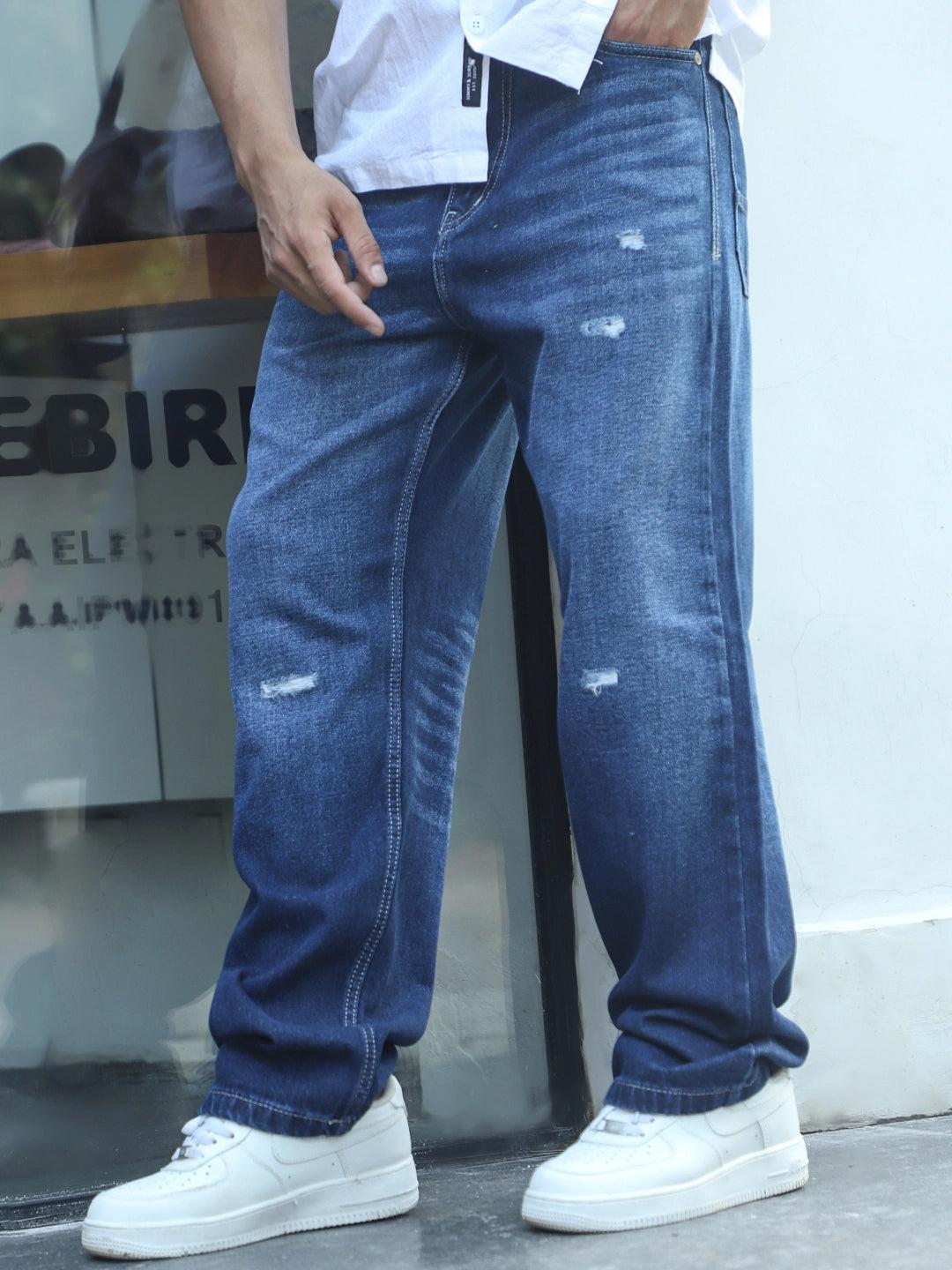 Raw Edge Dark Blue Baggy Fit Jeans