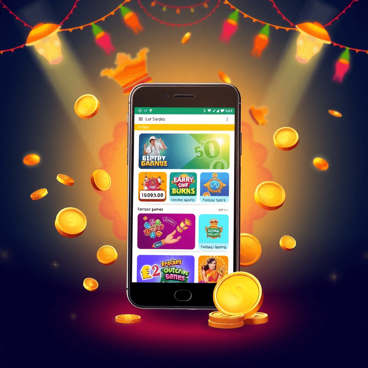 A digital illustration of a smartphone showcasing online games, surrounded by festive Indian patterns and symbols of money, creating an exciting atmosphere for gamers.