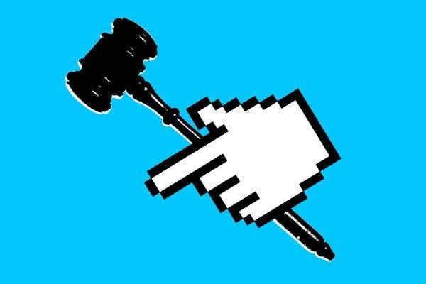 An illustration of a gavel held by the kind of pointing hand that a cursor becomes when it clicks on something.