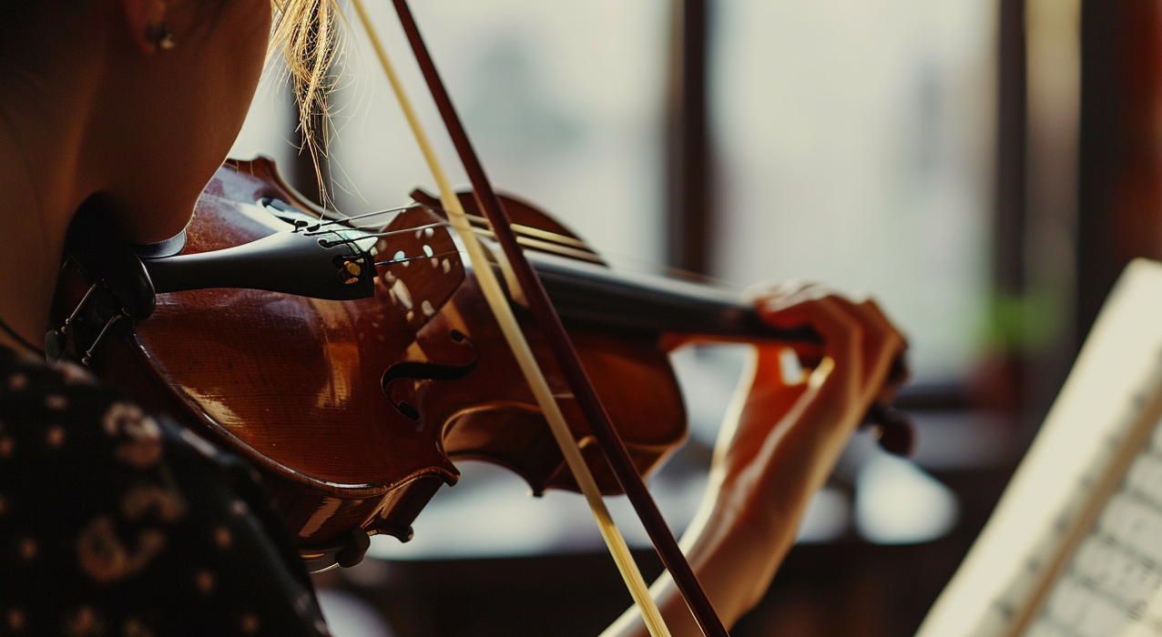 Close-up of a violinist at K&M Music School lesson shoulder and hand skillfully playing the violin, with a focus on the strings and bow, set against a blurred sheet music stand and softly lit background.
