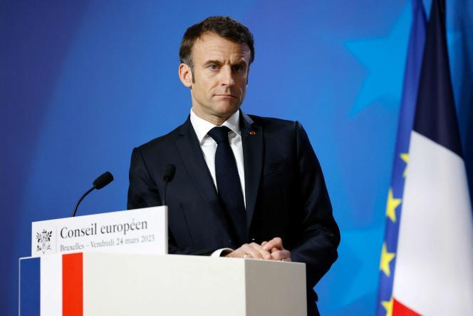 Emmanuel Macron, à l’issue du Conseil européen, à Bruxelles, le 24 mars 2023.