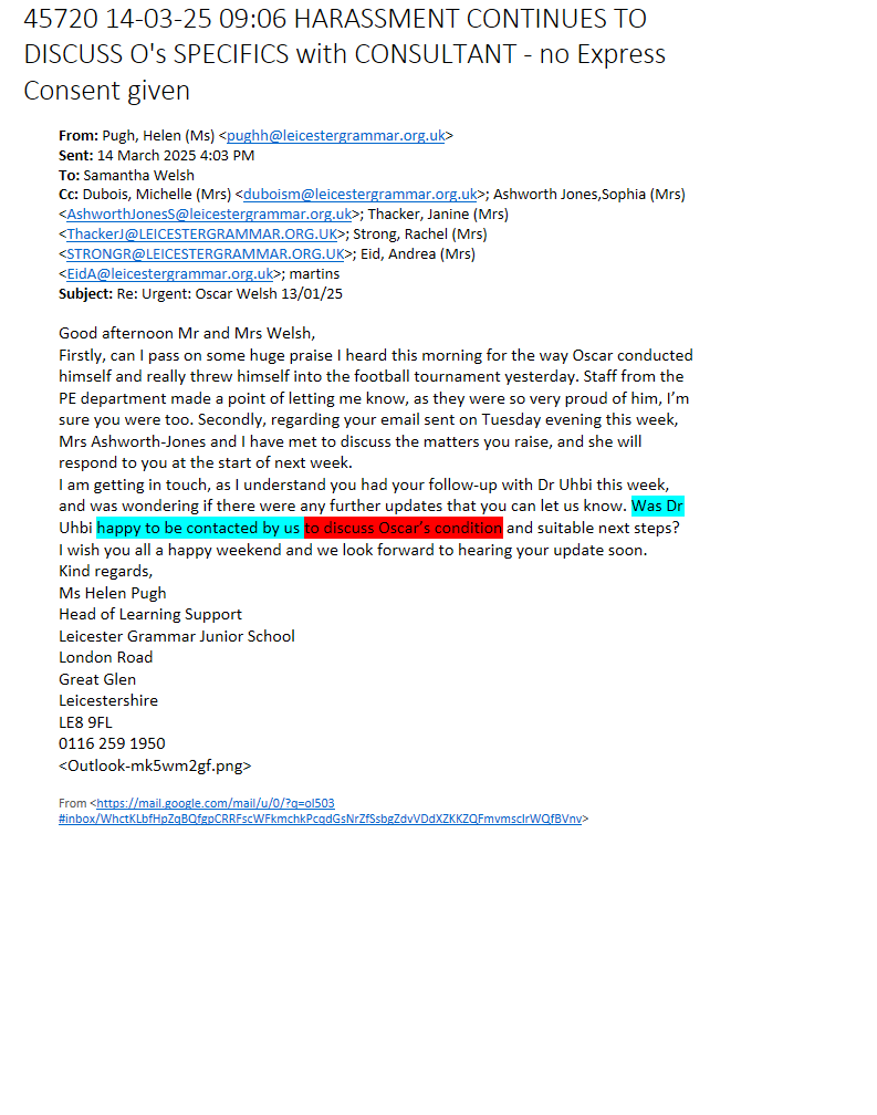 45720 14-03-25 09:06 HARASSMENT CONTINUES TO DISCUSS O's SPECIFICS with CONSULTANT - no Express Consent given
