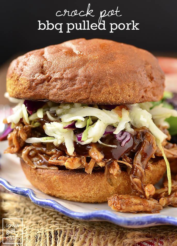 Crock Pot BBQ Pulled Pork is a long cooking crock pot recipe that couldn't be simpler. Use the pulled pork in sandwiches, or for nachos, salads, and wraps! #glutenfree | iowagirleats.com