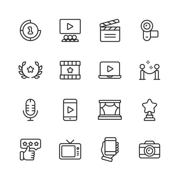 Video, Cinema, Film Line Icons. Editable Stroke. Pixel Perfect. For Mobile and Web. Contains such icons as Video Player, Film, Camera, Cinema, 3D Glasses, Virtual Reality, Television, Theatre, Celebrity.
