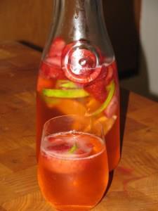 Photo: Strawberry Lime Spritzer- 0 calories ~Frisky  On a hot summer day this will cool you right off! You can choose flat water or fizzy water, both work great! If you are trying to kick your soda habit you should go for fizzy water here I think you will love it and it will curb your cravings.  Like it sweeter? Add more strawberries and only 1/2 of a lime, adding more strawberries might bring up the calories from 0 to 5-10 per glass…. You will burn that off pouring it into your glass   I used fresh strawberries but I popped them in the freezer several hours before, you want them frozen otherwise they will just fall apart in the water.  Makes 1-2 liters-  8 Frozen or Fresh Strawberries- See note above on freezing strawberries before making this  1 Lime  1-2 liters of Pellegrino or Club Soda- you can also use flat water  Slice the strawberries into three pieces and drop into the water, then slice the lime into 10 wedges and add to the water. Chill for 3-4 hours and serve, if you like make some strawberry and lime ice cubes if you are serving with flat water. In an ice-cube tray place one strawberry slice and a lime slice, cover with water and freeze for 3-4 hours.  If you eat the strawberries yes there will be a few calories, but go for it each slice of strawberry has only 1 calorie  ~Frisky