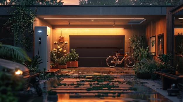 Alternative energy storage system elegantly integrated into a home garage AI Generative