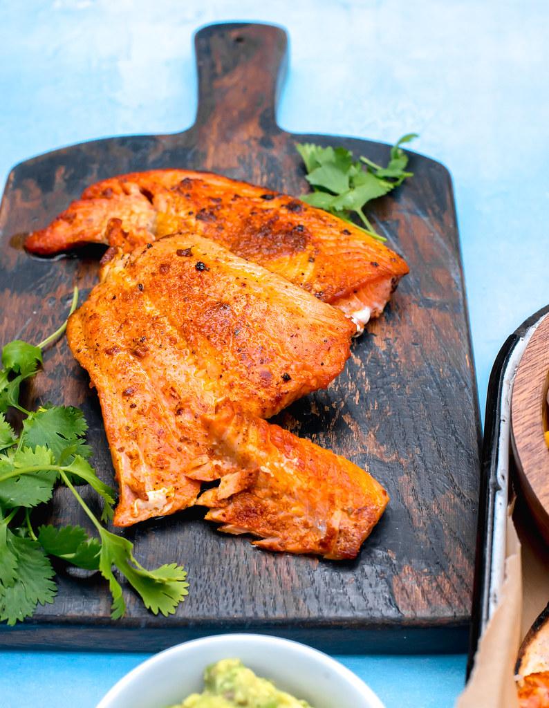 Perfectly seared salmon dusted with spicy sazon.