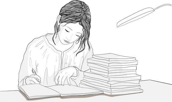 Woman, Writing, Table, Work, Books
