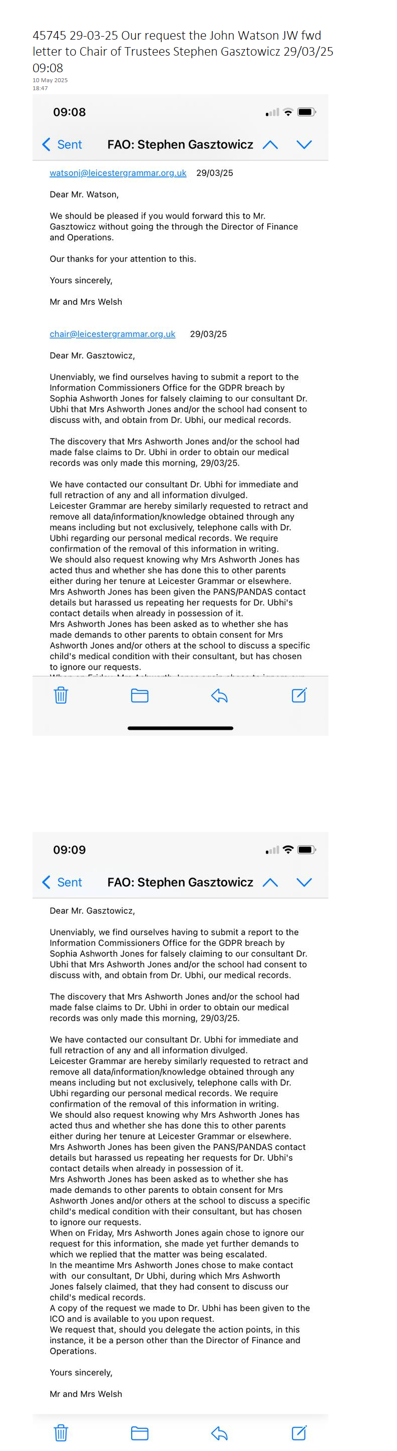 5745 29-03-25 Our request John Watson JW fwd Complaint to Chair of Trustees Stephen Gasztowic