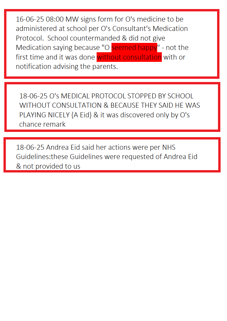 45824 16-06-25 08:00 MW signs form for O's medicine to be administered at school per O's Consultant's Medication Protocol. School countermanded & did not give Medication saying because