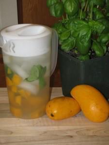 Photo: Mango and Basil Water- 0 calories ~frisky  I love Basil and use it in everything, it was just a matter of time before I put this delicious, natural anti-inflammatory and natural antibiotic herb into my water. Along with an overly sweet fruit like a mango this water is well balanced and delicious.  Mangos aid in digestion, boost your memory and increases your sex drive! Do I have your attention now? Try this out, besides being incredibly good for you, it is delicious and will help you drink more water.  Makes one big pitcher of water, can be refilled 4-6 times before replacing fruit and herbs-  1 Large Ripe Mango  Large handful of Basil- about 8 large leafs  In a large clean pitcher rip the basil in half (always rip basil, never use a knife it will brown the herb) and toss in, slice the mango into large chunks and toss in. Cover the fruit and herbs with ice and then add water, place in the fridge for at least an hour before serving for maximum deliciousness. I drank this all evening, about 3 re-fills, and then left in fridge overnight, it was so yummy the next morning. ~Frisky