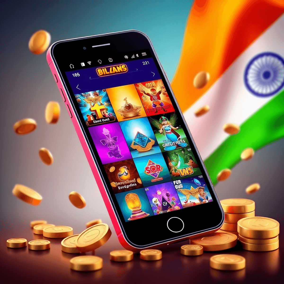 A smartphone shows colorful online games, surrounded by Indian cultural elements and symbols of money, like coins, creating an energetic and inviting gaming atmosphere.