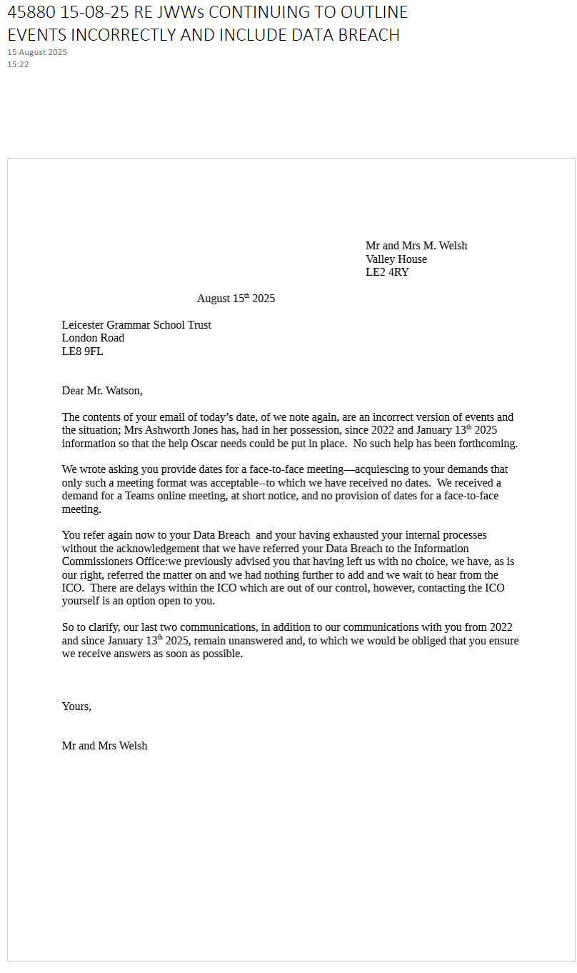 45880 15-08-25 15:22 to RE JWWs CONTINUING TO OUTLINE EVENTS INCORRECTLY AND INCLUDE DATA BREACH