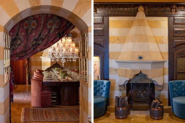 The dining room (left) and fireplace in the lobby (right) at Indira, a new boutique guesthouse in the Lebanese mountain town of Kfour.