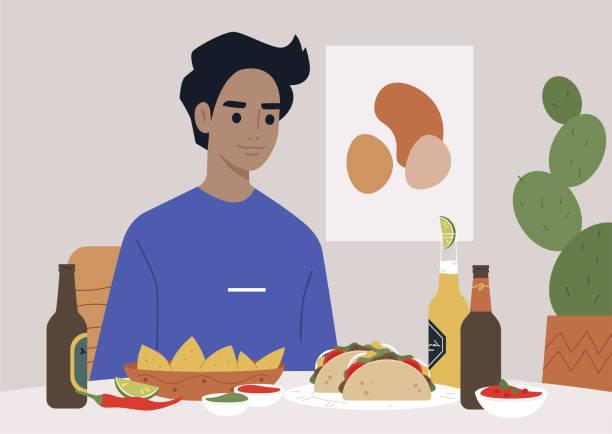 A young male Hispanic character having dinner in a Mexican restaurant with traditional food