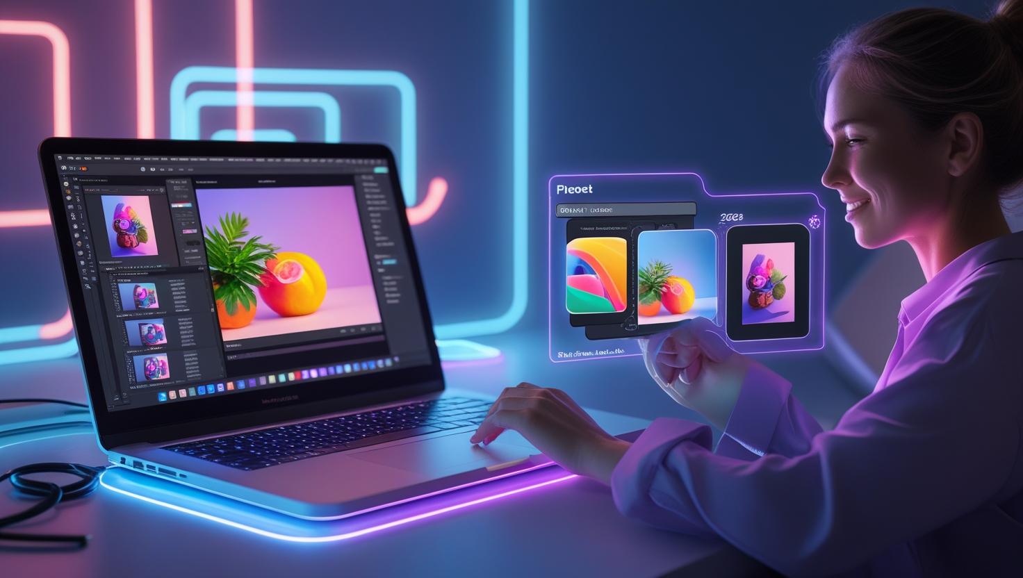 A futuristic digital art scene showcasing a sleek, modern workspace with a glowing laptop screen displaying an AI-powered photo editing interface labeled “ImgEdit AI Replacer.” On one side, a traditional Photoshop window with multiple layers, masks, and complex tools is open but looks cluttered and overwhelming. On the other side, a simplified AI tool interface with easy drag-and-drop and one-click object replacement is highlighted, glowing softly. A person sits relaxed and smiling, effortlessly swapping a colorful object in a photo with a few clicks on the AI side, while looking confused at the Photoshop side. The background subtly blends the contrast between complexity and simplicity with futuristic neon colors and a digital glow, symbolizing the evolution from traditional photo editing to AI automation in 2025.