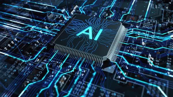 Futuristic High-Tech Concept Visualization: Motherboard CPU Processor Microchip Starting Artificial Intelligence Digitalization of Data information Processing. Digital Lines Connect into AI Symbol - Stock Video Footage - Dissolve