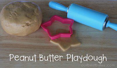 Photo: Peanut Butter Playdough  1 Cup creamy peanut butter 2 Cup powdered sugar 1/2 Cup honey  Directions: mix mix mix. I use my stand mixer to make it quick, clean and easy, but if you prefer to make it long, messy, and not-so-easy, let your kids mix it up by hand :)  A lot of PB playdough recipes you’ll find include dry milk powder, but I really don’t like the grainy texture it creates so I use straight powdered sugar. Plus, it tastes waaaay better.  This makes plenty for 2-3 kids to enjoy. Just give ‘em rollers, cutters, moulds, etc. and let them go to town!   To increase the fun factor give the kiddos pretzel sticks, graham crackers, cheerios, m&m’s etc and let them build stuff and decorate it. (Let your imagination take over)  (Taken from http://www.ourbestbites.com)