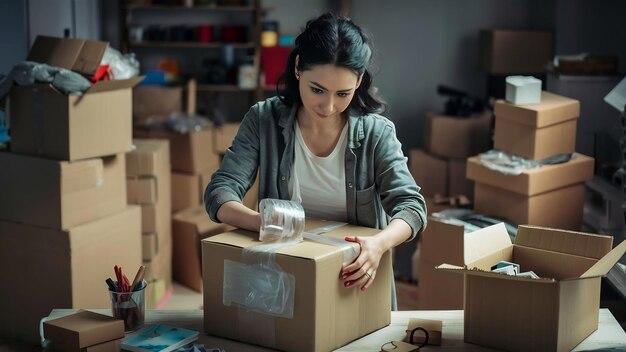 Woman packing box with tape