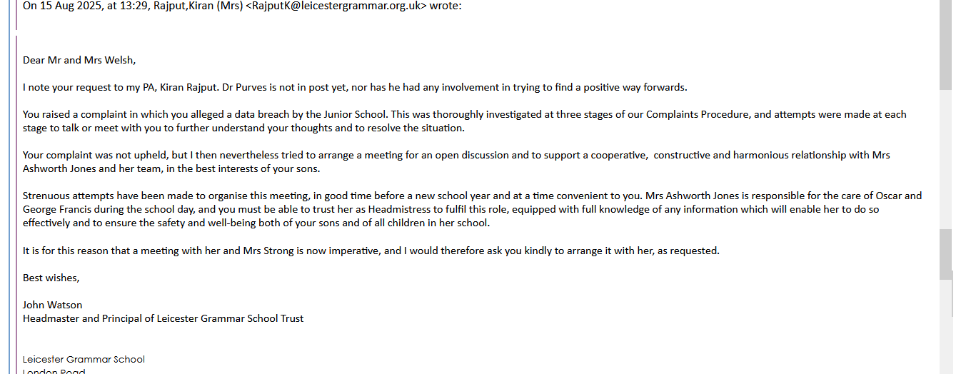 45880 15-08-25 1329 from John Watson refusing us complaining re their acts against children, disability and education