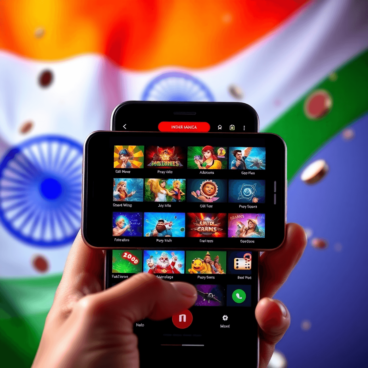 A smartphone displays colorful online games, with a subtle Tiranga in the background, evoking excitement and the potential for earning through gaming.