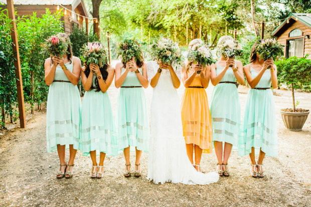 mint high-low bridesmaid dresses and yellow dress for maid of honor