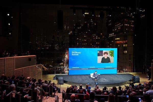 Sam Bankman-Fried speaking virtually with Andrew Ross Sorkin at the DealBook event on Wednesday.