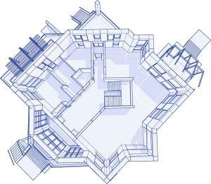 مخطط هندسي لقصر منظر من الاعلى مكشوف السقف