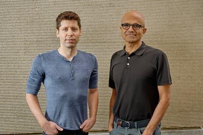Sam Altman, left, one of the founders of OpenAI, and Satya Nadella, Microsoft’s chief executive, agreed to a $1 billion investment by Microsoft in 2019.