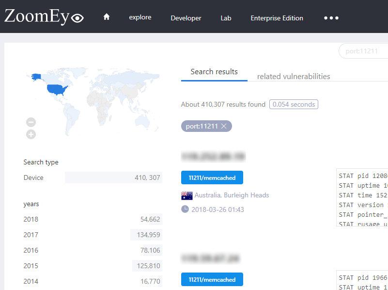 Список найденных на сервисе ZoomEye серверов с Memcached